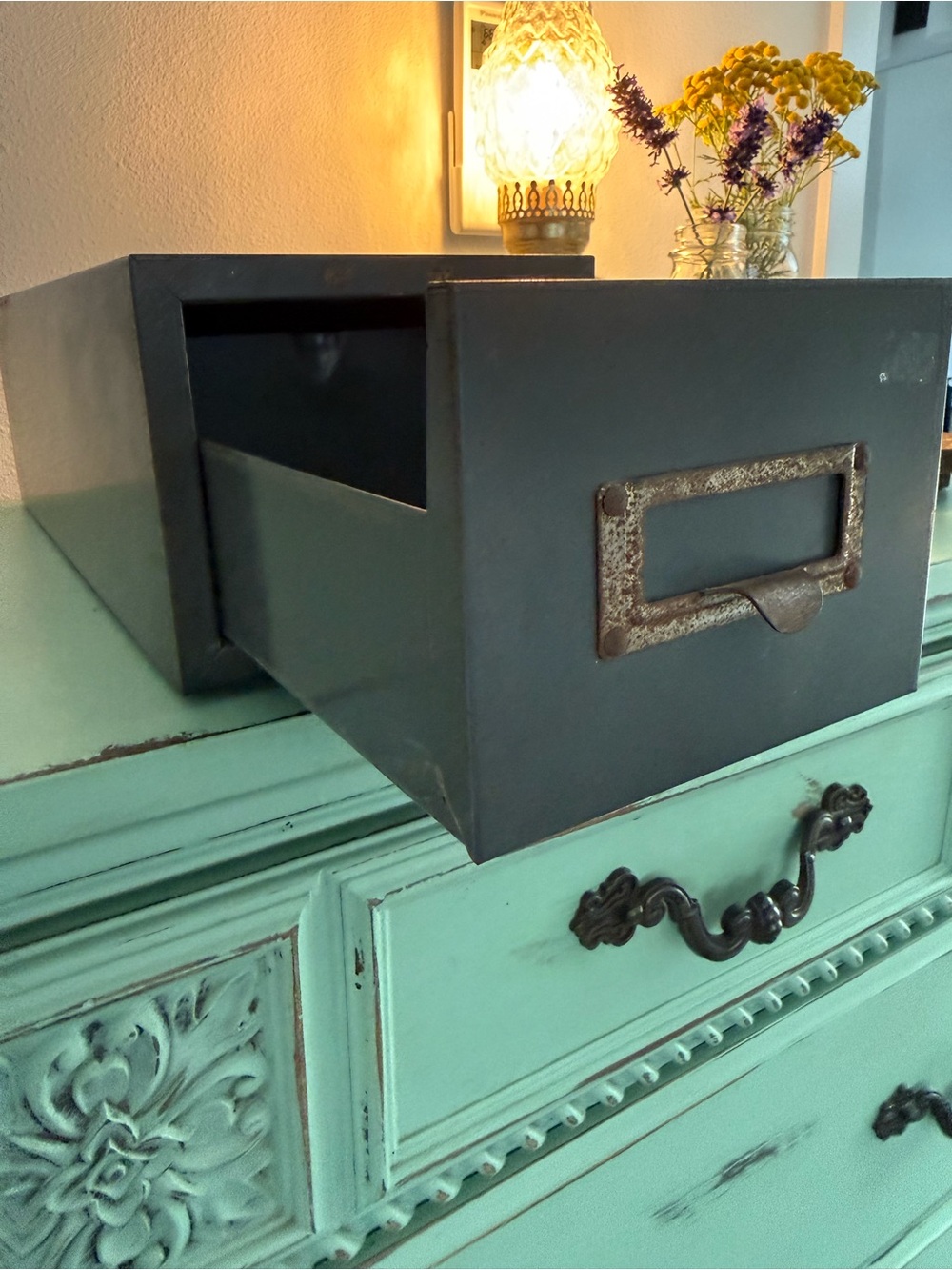 Grey Metal Storage Drawer with Rustic Label Holder